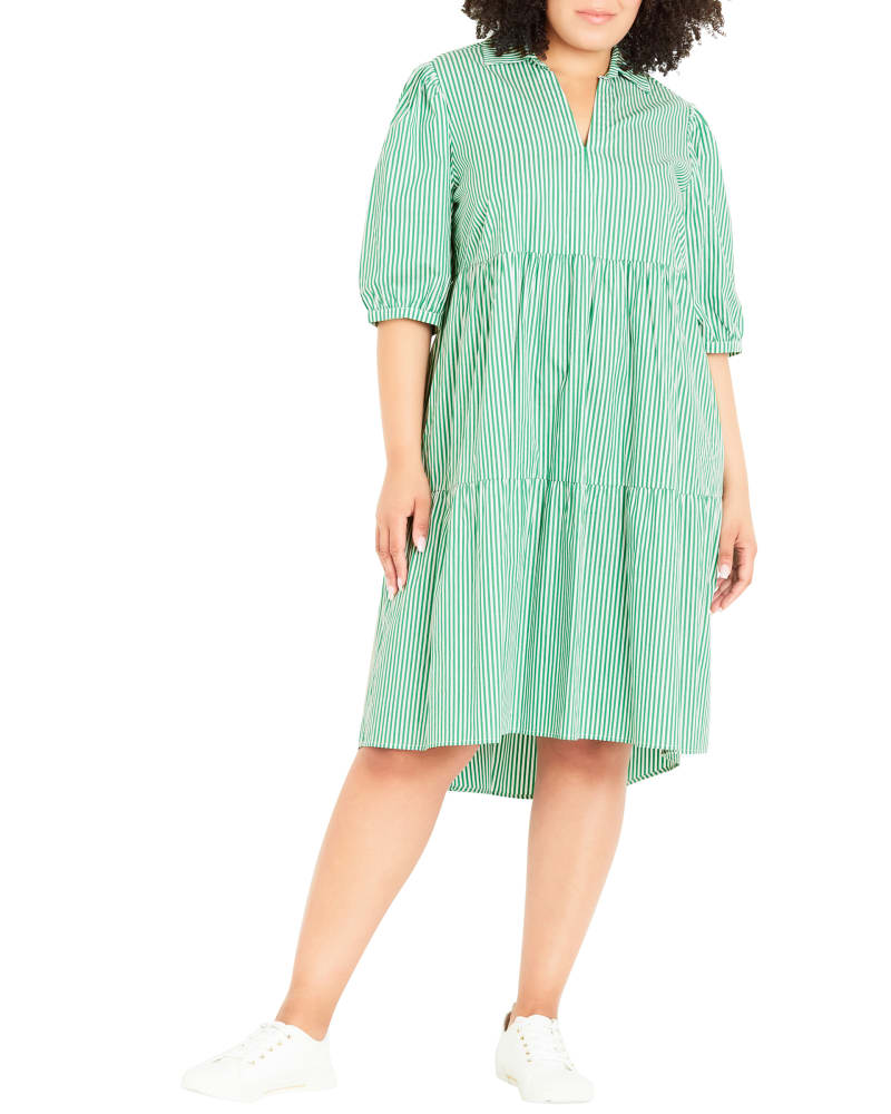 Front of a model wearing a size 14 Pippa Pinstripe Dress in Kelly Green / White by Evans. | dia_product_style_image_id:209854